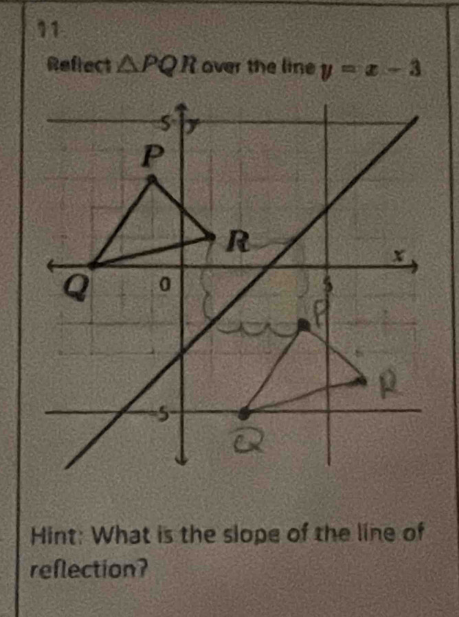 Refrect △ PQR over the line y=x-3
Hint: What is the slope of the line of 
reflection?