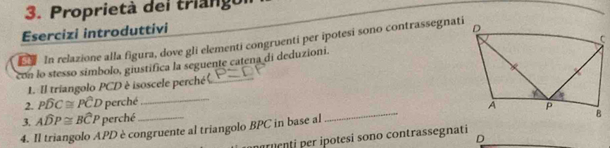 Proprietà dei triangor 
Esercizi introduttivi 
In relazione alla figura, dove gli elementi congruenti per ipotesi sono contrassegnati 
con lo stesso símbolo, giustifica la seguente catena di deduzioni. 
1. Il triangolo PCD è isoscele perché_ 
2. Pwidehat DC≌ Pwidehat CD * perché_ 
3. Awidehat DP≌ Bwidehat CP perché __ 
4. Il triangolo APD è congruente al triangolo BPC in base al 
D 
ruenti er ipotesi sono contrassegnati