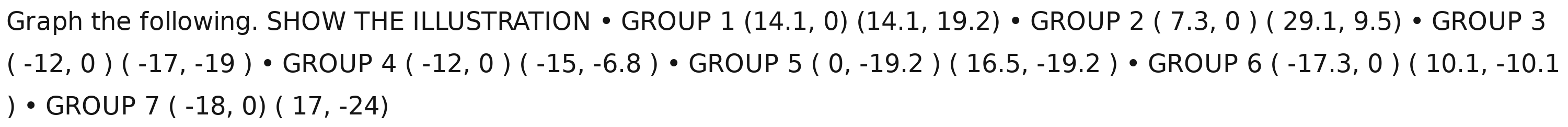 Graph the following. SHOW THE ILLUSTRATION • GROUP 1(14.1,0)(14.1,19.2)· GROUP2(7.3,0)(29.1,9.5)· GROUP3
(-12,0)(-17,-19) · GROUP 4(-12,0)(-15,-6.8) • GROUP 5(0,-19.2)(16.5,-19.2)· GROUP 6(-17.3,0)(10.1,-10.1
)•GROUP 7(-18,0)(17,-24)