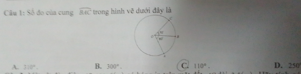 Câu 1:S_0^(2 đo của cung widehat BAC) trong hình vẽ dưới đây là
B.
A. 310^2. 300°. C 110°. D. 250°