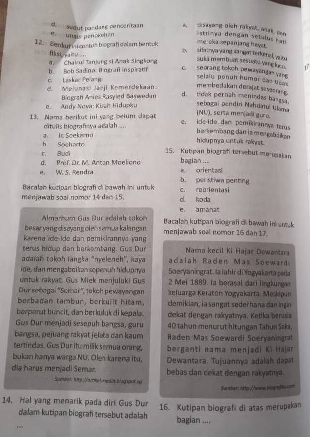 d. sudut pandang penceritaan a. disayang oleh rakyat, anak, dan
e. unsur penokohan istrinya dengan setulus hati
12. Berikut ini contoh biografi dalam bentuk
mereka sepanjang hayat.
b. sifatnya yang sangat terkenal, yaitu
fiksi, yaitu ....
a. Chairul Tanjung si Anak Singkong
suka membuat sesuatu yang lucu. 17
b. Bob Sadino: Biografi Inspiratif c. seorang tokoh pewayangan yang
c. Laskar Pelangi
selalu penuh humor dan tidak
d. Melunasi Janji Kemerdekaan:
membedakan derajat seseorang.
Biografi Anies Rasyied Baswedan d. tidak pernah menindas bangsa,
e. Andy Noya: Kisah Hidupku
sebagai pendiri Nahdatul Ulama
13. Nama berikut ini yang belum dapat
(NU), serta menjadi guru.
ditulis biografinya adalah ....
e. ide-ide dan pemikirannya terus
berkembang dan ia mengabdikan
a. Ir. Soekarno hidupnya untuk rakyat.
b. Soeharto 15. Kutipan biografi tersebut merupakan
c. Budi
d. Prof. Dr. M. Anton Moeliono bagian ....
e. W. S. Rendra a. orientasi
b. peristiwa penting
Bacalah kutipan biografi di bawah ini untuk c. reorientasi
menjawab soal nomor 14 dan 15. d. koda
e. amanat
Almarhum Gus Dur adalah tokoh Bacalah kutipan biografi di bawah ini untuk
besar yang disayang oleh semua kalangan menjawab soal nomor 16 dan 17.
karena ide-ide dan pemikirannya yang
terus hidup dan berkembang. Gus Dur Nama kecil Ki Hajar Dewantara
adalah tokoh langka “nyeleneh”, kaya adalah Raden Mas Soewardi
ide, dan mengabdikan sepenuh hidupnya Soeryaningrat. la lahir di Yogyakarta pada
untuk rakyat. Gus Miek menjuluki Gus 2 Mei 1889. Ia berasal dari lingkungan
Dur sebagai “Semar”, tokoh pewayangan keluarga Keraton Yogyakarta. Meskipun
berbadan tambun, berkulit hitam, demikian, ia sangat sederhana dan ingin
berperut buncit, dan berkuluk di kepala. dekat dengan rakyatnya. Ketika berusia
Gus Dur menjadi sesepuh bangsa, guru 40 tahun menurut hitungan Tahun Saka,
bangsa, pejuang rakyat jelata dan kaum Raden Mas Soewardi Soeryaningrat
tertindas. Gus Dur itu milik semua orang, berganti nama menjadi Ki Hajar
bukan hanya warga NU. Oleh karena itu, Dewantara. Tujuannya adalah dapat
dia harus menjadi Semar. bebas dan dekat dengan rakyatnya.
Sumber: http://artikel-media.blogspot.sg
Sumber: http://www.biografiks.com
14. Hal yang menarik pada diri Gus Dur 16. Kutipan biografi di atas merupakan
dalam kutipan biografi tersebut adalah bagian ....
….