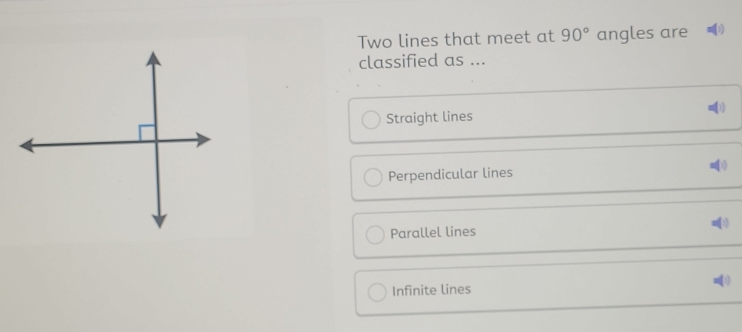 Two lines that meet at 90° angles are
classified as ...
Straight lines
Perpendicular lines
Parallel lines
Infinite lines