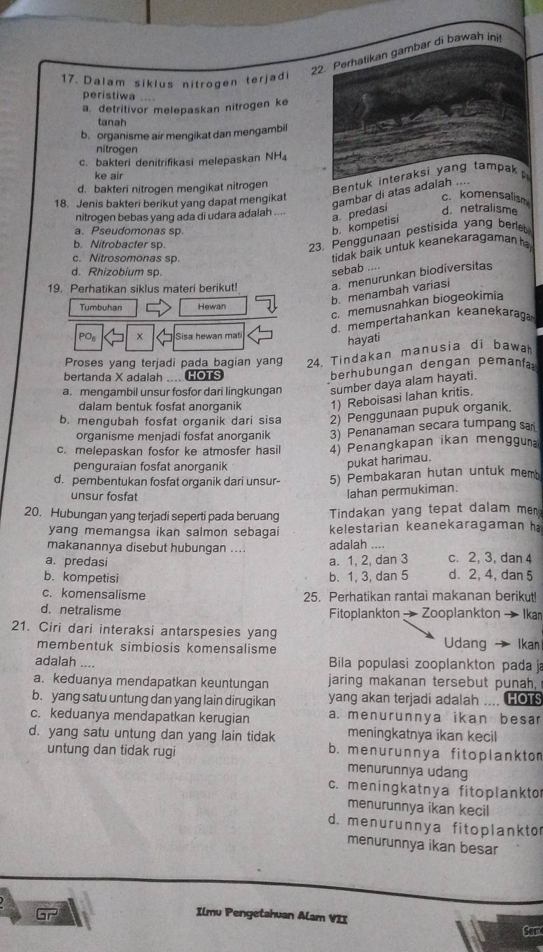 Perhatikan gambar di bawah ini
17. Dalam siklus nitrogen terjadi
peristiwa ....
a. detritivor melepaskan nitrogen ke
tanah
b. organisme air mengikat dan mengambil
nitrogen
c. bakteri denitrifikasi melepaskan NH4
ke air
d. bakteri nitrogen mengikat nitrogen Bentuk interaksi yang tampak  
18. Jenis bakteri berikut yang dapat mengikat
c. komensalism
nitrogen bebas yang ada di udara adalah ....
a. predasi gambar di atas adalah ....
d.netralisme
a. Pseudomonas sp.
b. kompetisi
b. Nitrobacter sp.
23. Penggunaan pestisida yang berle
c. Nitrosomonas sp.
tidak baik untuk keanekaragaman ha
d. Rhizobium sp.
sebab ....
19. Perhatikan siklus materi berikut!
a. menurunkan biodiversitas
b. menambah variasi
c. memusnahkan biogeokimia
Tumbuhan Hewan
d. mempertahankan keanekarag
Sisa hewan mati
hayati
Proses yang terjadi pada bagian yang 24. Tindakan manusia di bawa
bertanda X adalah .... HOTS
berhubungan dengan pemanfa
a. mengambil unsur fosfor dari lingkungan sumber daya alam hayati.
dalam bentuk fosfat anorganik
1) Reboisasi lahan kritis.
b. mengubah fosfat organik dari sisa 2) Penggunaan pupuk organik.
organisme menjadi fosfat anorganik 3) Penanaman secara tumpang sai
c. melepaskan fosfor ke atmosfer hasil 4) Penangkapan ikan mengguna
penguraian fosfat anorganik
pukat harimau.
d. pembentukan fosfat organik dari unsur- 5) Pembakaran hutan untuk memb
unsur fosfat
lahan permukiman.
20. Hubungan yang terjadi seperti pada beruang Tindakan yang tepat dalam men
yang memangsa ikan salmon sebagai kelestarian keanekaragaman h
makanannya disebut hubungan .... adalah ....
a. predasi a. 1, 2, dan 3 c. 2, 3, dan 4
b. kompetisi b. 1, 3, dan 5 d. 2, 4, dan 5
c. komensalisme 25. Perhatikan rantai makanan berikut!
d. netralisme Fitoplankton → Zooplankton → Ika
21. Ciri dari interaksi antarspesies yang
membentuk simbiosis komensalisme Udang Ikan
adalah .... Bila populasi zooplankton pada ja
a. keduanya mendapatkan keuntungan jaring makanan tersebut punah,
b. yang satu untung dan yang lain dirugikan yang akan terjadi adalah .... HOTS
c. keduanya mendapatkan kerugian a. menurunnya ikan besar
d. yang satu untung dan yang lain tidak meningkatnya ikan kecil
untung dan tidak rugi b. menurunnya fitoplankto
menurunnya udang
c. meningkatnya fitoplanktor
menurunnya ikan kecil
d. menurunnya fitoplanktor
menurunnya ikan besar
Gr Ilmu Pengetahuan Alam VII
Sem