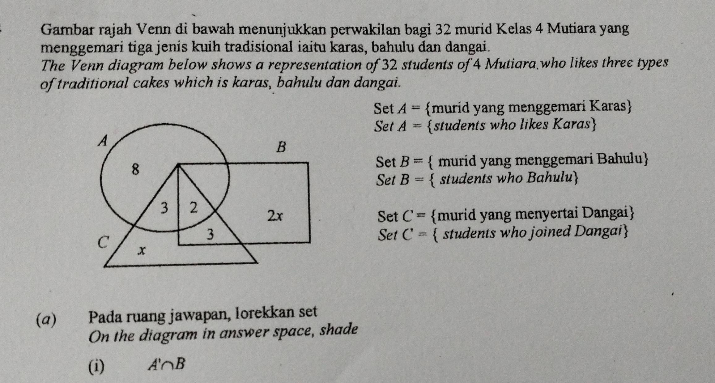 Gambar rajah Venn di bawah menunjukkan perwakilan bagi 32 murid Kelas 4 Mutiara yang
menggemari tiga jenis kuih tradisional iaitu karas, bahulu dan dangai.
The Venn diagram below shows a representation of 32 students of 4 Mutiara who likes three types
of traditional cakes which is karas, bahulu dan dangai.
Set A= murid yang menggemari Karas
Set A= students who likes Karas
 murid yang menggemari Bahulu
Set B=
Set B=  students who Bahulu
Set C= murid yang menyertai Dangai
Set C= students who joined Dangai
(α) Pada ruang jawapan, Iorekkan set
On the diagram in answer space, shade
(i) A'∩ B