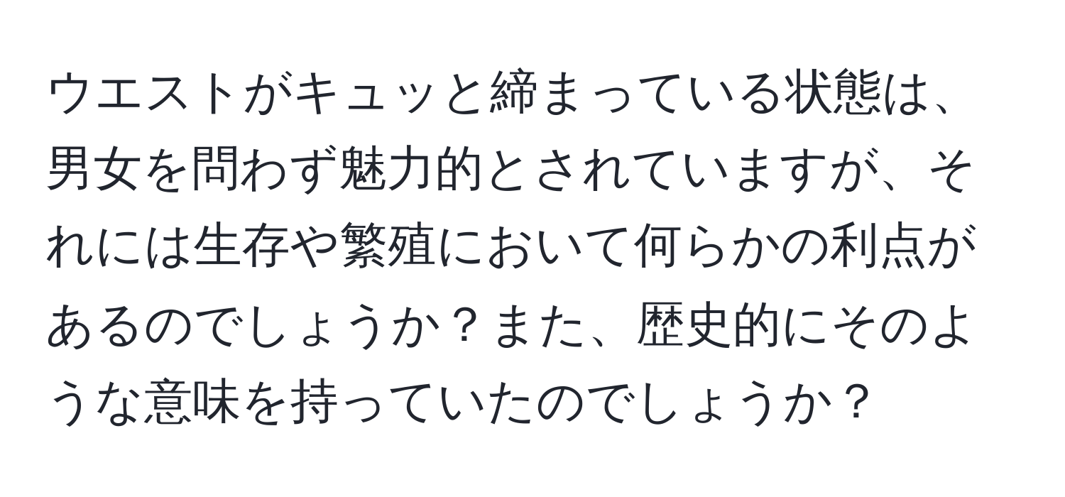 ウエストがキュッと締まっている状態は、男女を問わず魅力的とされていますが、それには生存や繁殖において何らかの利点があるのでしょうか？また、歴史的にそのような意味を持っていたのでしょうか？