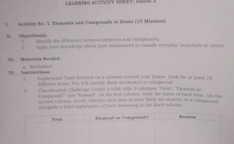 EARNING ACTIVITY SHEET: Iesson 2 
1. Activity No. 1: Elements and Compounds at Home (15 Minutes) 
E. Objective(s): 
1. Identify the difference between elements and compounds. 
2. Apply your knowledge about pure substances to classify everyday materials at home. 
III. Materials Needed: 
a. Worksheet 
IV. Instructions: 
1. Exploration Time! Embark on a mission around your house. Look for at least 10
different items. You will classify them as element or compound. 
2. Classification Challenge: Create a table with 3 columns: "Item'', ''Element or 
Compound?" and "Reason". In the first column, write the name of each item. On the 
second column, decide whether each item is most likely an element or a compound 
alongside a brief explanation of your reasoning in the third column.