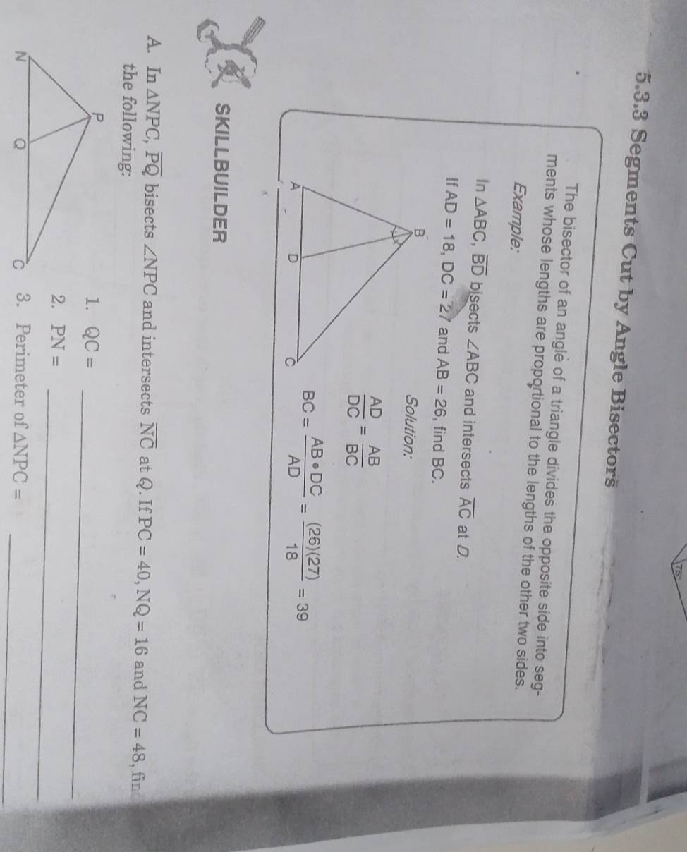 75°
5.3.3 Segments Cut by Angle Bisectors 
The bisector of an angle of a triangle divides the opposite side into seg- 
ments whose lengths are proportional to the lengths of the other two sides. 
Example: 
In △ ABC, overline BD bisects ∠ ABC and intersects overline AC at D. 
If AD=18, DC=27 and AB=26 , find BC. 
Solution:
 AD/DC = AB/BC 
BC= AB· DC/AD = (26)(27)/18 =39
SKILLBUILDER 
A. In △ NPC, overline PQ bisects ∠ NPC and intersects overline NC at Q. If PC=40, NQ=16 and NC=48 , find 
the following: 
_ 
1. QC=
_ 
2. PN=
3. Perimeter of △ NPC= _