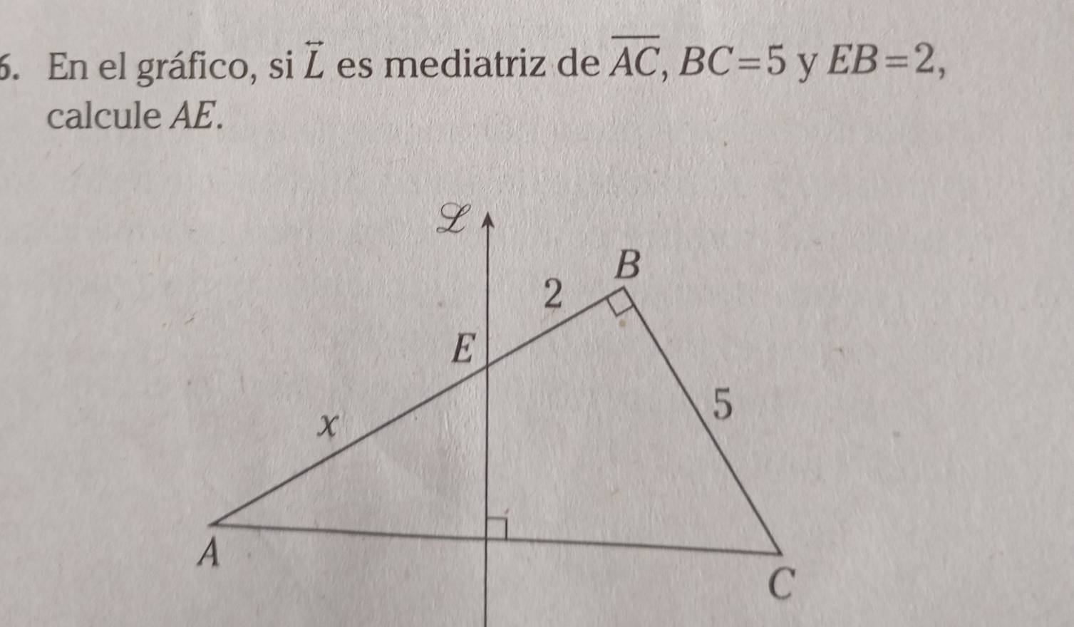 En el gráfico, si overleftrightarrow L es mediatriz de overline AC, BC=5 y EB=2, 
calcule AE.