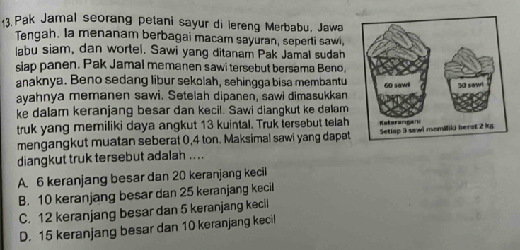 Pak Jamal seorang petani sayur di lereng Merbabu, Jawa
Tengah. la menanam berbagai macam sayuran, seperti sawi,
labu siam, dan wortel. Sawi yang ditanam Pak Jamal sudah
siap panen. Pak Jamal memanen sawi tersebut bersama Beno,
anaknya. Beno sedang libur sekolah, sehingga bisa membantu
ayahnya memanen sawi. Setelah dipanen, sawi dimasukkan
ke dalam keranjang besar dan kecil. Sawi diangkut ke dalam
truk yang memiliki daya angkut 13 kuintal. Truk tersebut telah
mengangkut muatan seberat 0, 4 ton. Maksimal sawi yang dapat
diangkut truk tersebut adalah ....
A. 6 keranjang besar dan 20 keranjang kecil
B. 10 keranjang besar dan 25 keranjang kecil
C. 12 keranjang besar dan 5 keranjang kecil
D. 15 keranjang besar dan 10 keranjang kecil