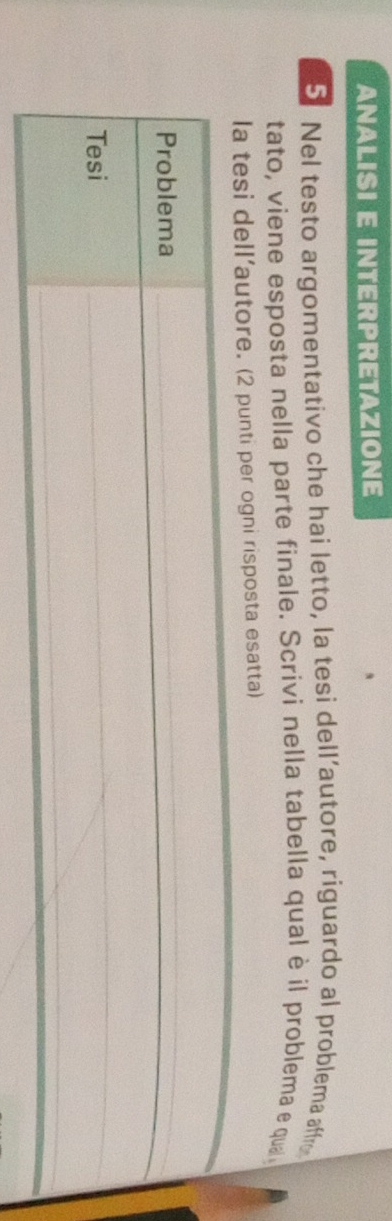 ANALISI E INTERPRETAZIONE 
5 Nel testo argomentativo che hai letto, la tesi dell’autore, riguardo al problema affro 
tato, viene esposta nella parte finale. Scrivi nella tabella qual è il problema e qua 
la tesi dell’autore. (2 punti per ogni risposta esatta)