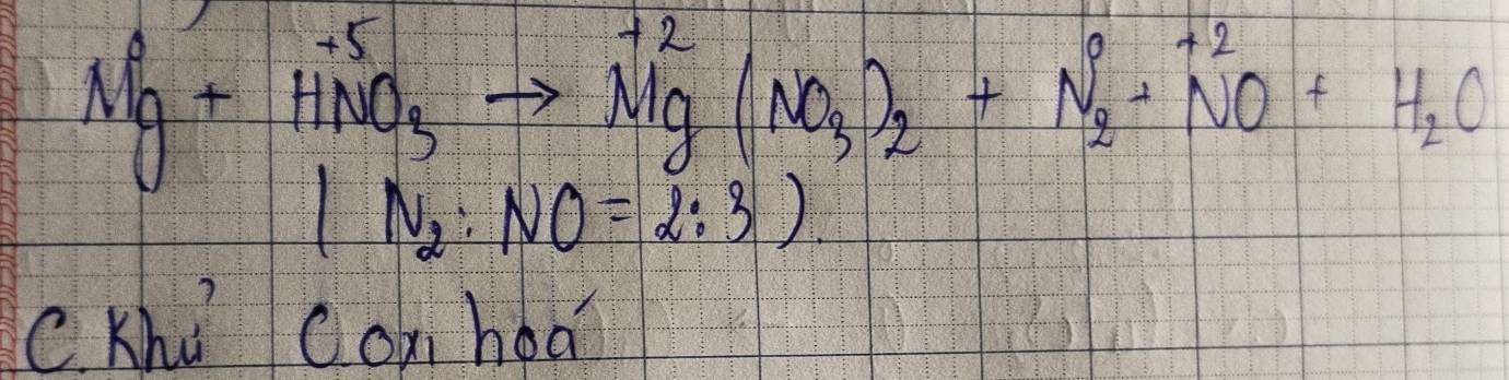 Mg+HNO_3to Mg(NO_3)_2+N_2^((+H_2)O)
(N_2:NO=2:3)
C. Khì conhea