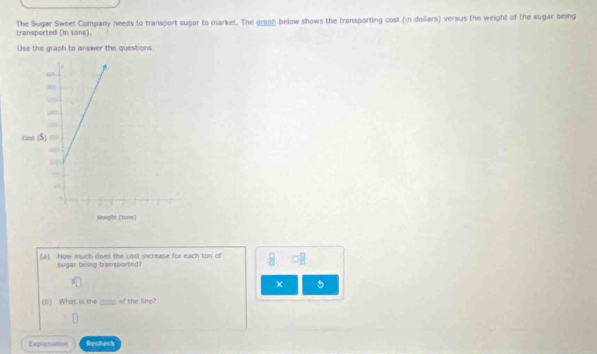 The Sugar Sweet Company needs to transport sugar to market. The grεη below shows the transporting cost (in dollars) versus the weight of the sugar being 
transported (in tans). 
Use the graph to answer the questions 
(a) How much does the cost increase for each ton of  □ /□   □^(□)
llugar being transported? 
× 5 
(D) What is the ____ of the line? 
Erplaiation Resteck