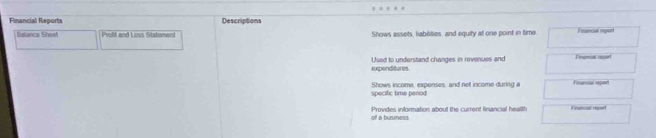 Financial Reoorta Descriptions 
Sistance Shee Profit and Loss Statement Shows assets, liabéities, and equity at one point in time. Feuncial rpor 
expenditures. Used to understand changes in revenues and Financas repert 
Shows income, expenses, and net income during e nuncal repar 
specific time penod 
Provides information about the current financial health Fnstcal roort 
of a business