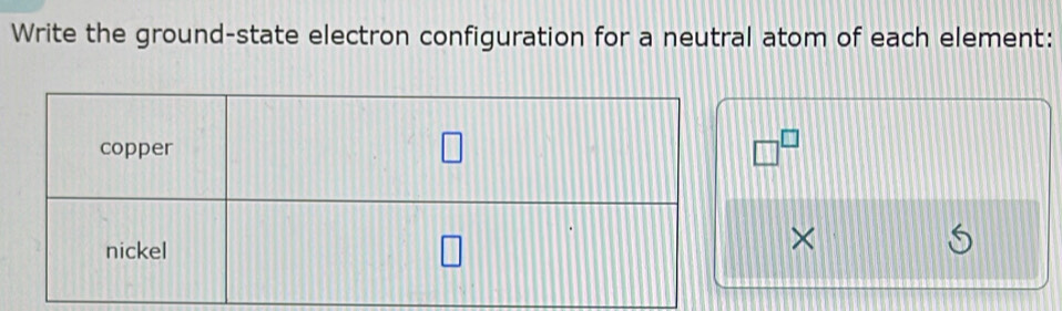 Write the ground-state electron configuration for a neutral atom of each element:
□^(□)
×