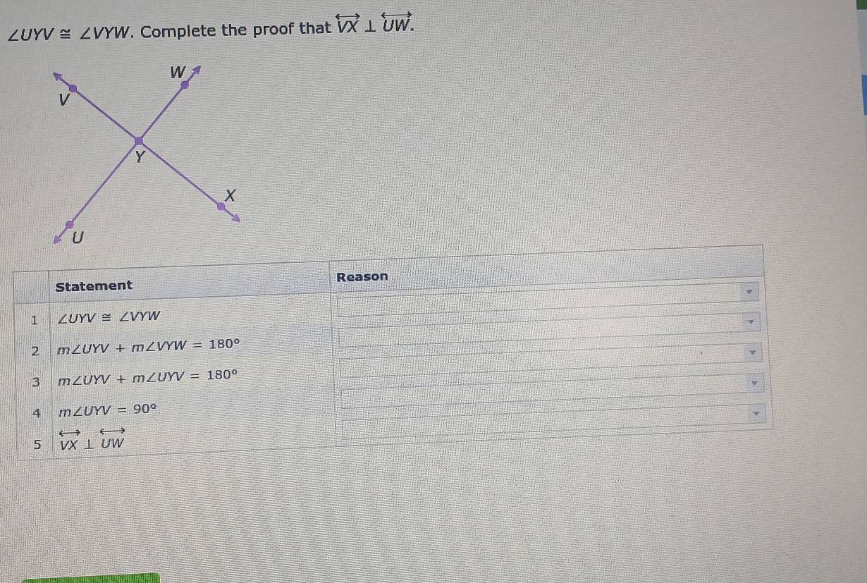 ∠ UYV≌ ∠ VYW. Complete the proof that overleftrightarrow VX⊥ overleftrightarrow UW.