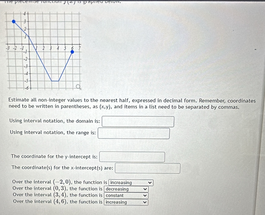 Te précemse ranction is graphed b
Estimate all non-integer values to the nearest half, expressed in decimal form. Remember, coordinates
need to be written in parentheses, as (x,y) , and items in a list need to be separated by commas.
Using interval notation, the domain is: □ 
Using interval notation, the range is: □ 
The coordinate for the y-intercept is: □ 
The coordinate(s) for the x-intercept(s) are: □
Over the interval (-2,0) , the function is increasing
Over the interval (0,3) , the function is decreasing
Over the interval (3,4) , the function is constant
Over the interval (4,6) , the function is increasing