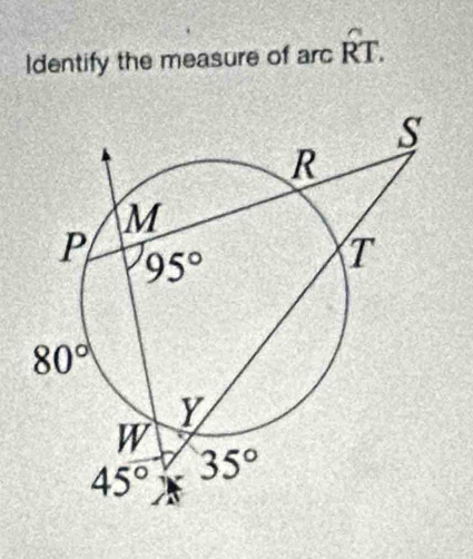 Identify the measure of arc widehat RT.