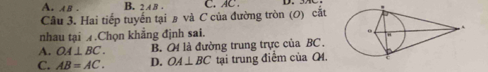 A. AB. B. 2 A B . C. AC. D. 5
Câu 3. Hai tiếp tuyến tại в và C của đường tròn (0) cắt
nhau tại ¼.Chọn khẳng định sai.
A. OA⊥ BC. B. O là đường trung trực của BC.
C. AB=AC. D. OA⊥ BC tại trung điểm của Q4.