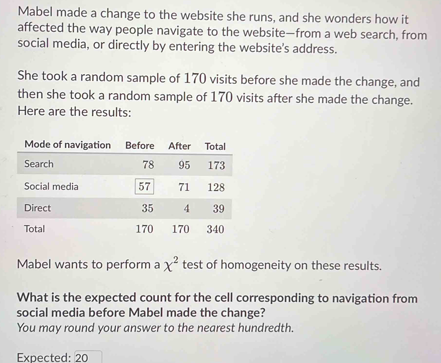 Mabel made a change to the website she runs, and she wonders how it 
affected the way people navigate to the website—from a web search, from 
social media, or directly by entering the website's address. 
She took a random sample of 170 visits before she made the change, and 
then she took a random sample of 170 visits after she made the change. 
Here are the results: 
Mabel wants to perform a chi^2 test of homogeneity on these results. 
What is the expected count for the cell corresponding to navigation from 
social media before Mabel made the change? 
You may round your answer to the nearest hundredth. 
Expected: 20