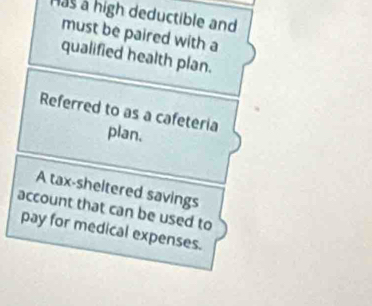 has a high deductible and 
must be paired with a 
qualified health plan. 
Referred to as a cafeteria plan. 
A tax-sheltered savings 
account that can be used to 
pay for medical expenses.