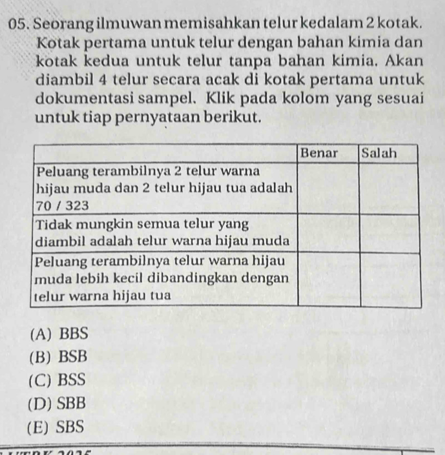 Seorang ilmuwan memisahkan telur kedalam 2 kotak.
Kotak pertama untuk telur dengan bahan kimia dan
kotak kedua untuk telur tanpa bahan kimia. Akan
diambil 4 telur secara acak di kotak pertama untuk
dokumentasi sampel. Klik pada kolom yang sesuai
untuk tiap pernyataan berikut.
(A) BBS
(B) BSB
(C) BSS
(D) SBB
(E) SBS