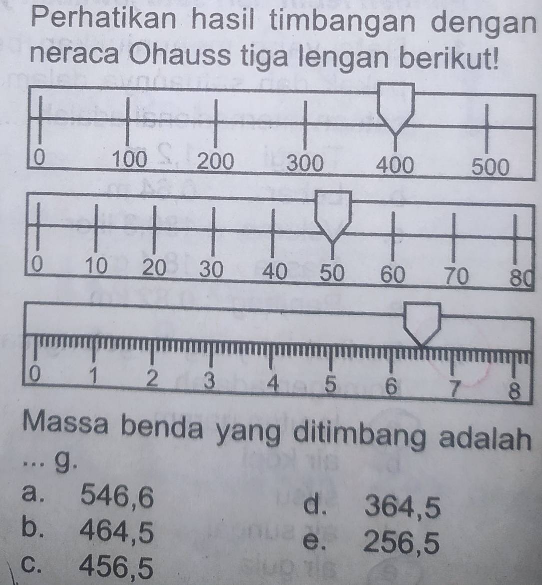 Perhatikan hasil timbangan dengan
neraca Ohauss tiga lengan berikut!
Massa benda yang ditimbang adalah
... g.
a. 546,6 d. 364,5
b. 464,5 e. 256,5
c. 456,5