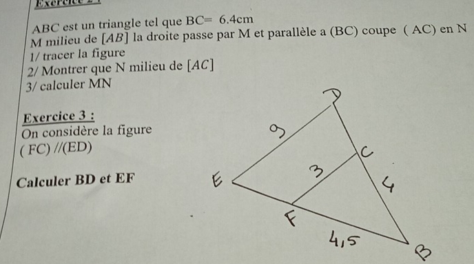 Solved: Exéréice 2 1 ABC est un triangle tel que BC=6.4cm M milieu de ...