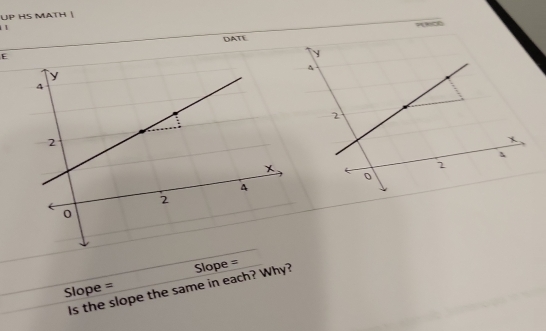 UP HS MATH | 
1 1 
DATE 
E 
Slope = Slope = 
Is the slope the same in each? Why?