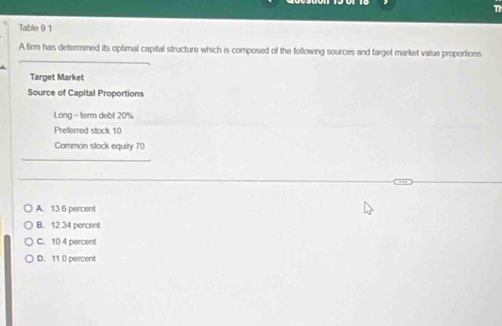 Table 9 1
A firm has determined its optimal capital structure which is composed of the following sources and target market value proportions
Target Market
Source of Capital Proportions
Long - term debt 20%
Preferred stock 10
Common stock equity 70
A. 13 6 percent
B. 12.34 percent
C. 10.4 percent
D. 11 0 percent