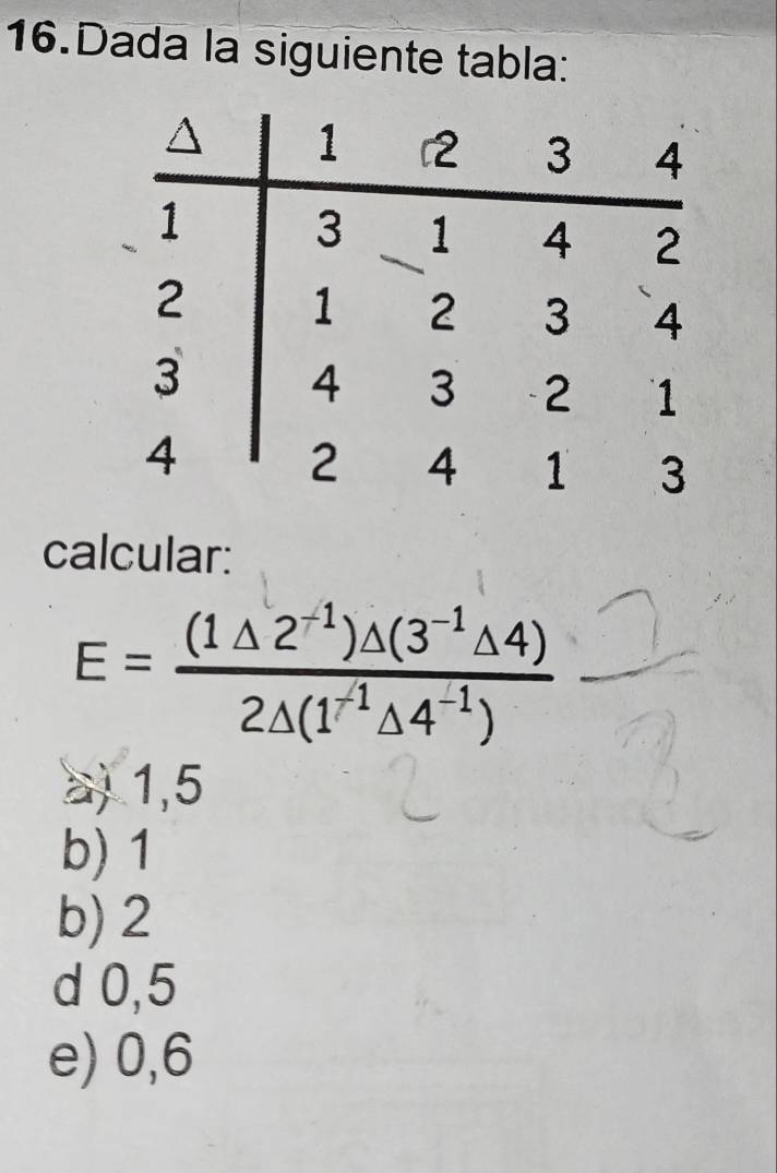 Dada la siguiente tabla:
calcular:
E= ((1△ 2^(-1))△ (3^(-1)△ 4))/2△ (1^(-1)△ 4^(-1)) 
a) 1,5
b) 1
b) 2
d 0,5
e) 0,6