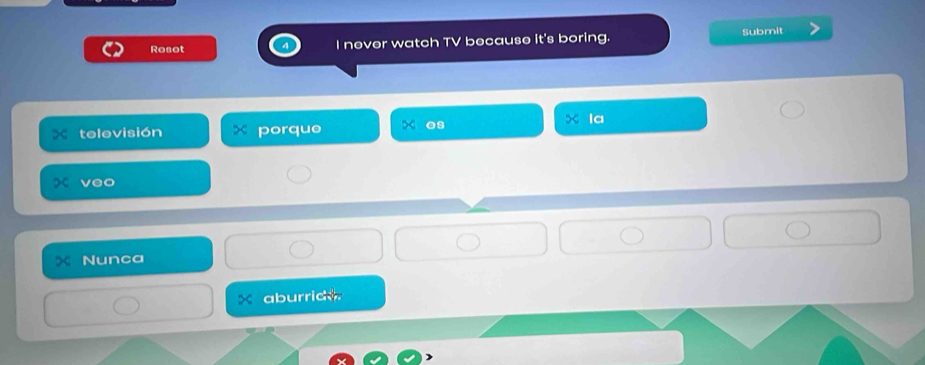 Rosot I nover watch TV because it's boring. Submit 
televisión x porque x os x la 
veo 
Nunca 
aburride.