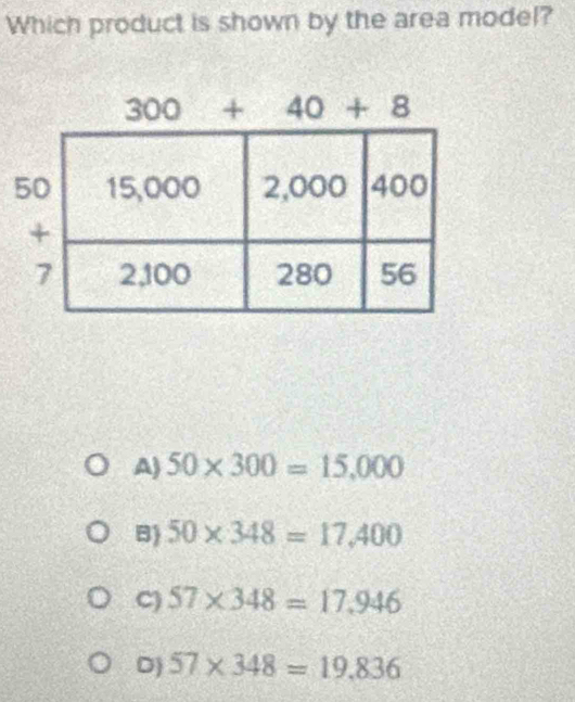 Which product is shown by the area mode!?
A) 50* 300=15,000
B) 50* 348=17,400
C) 57* 348=17.946
D) 57* 348=19.836