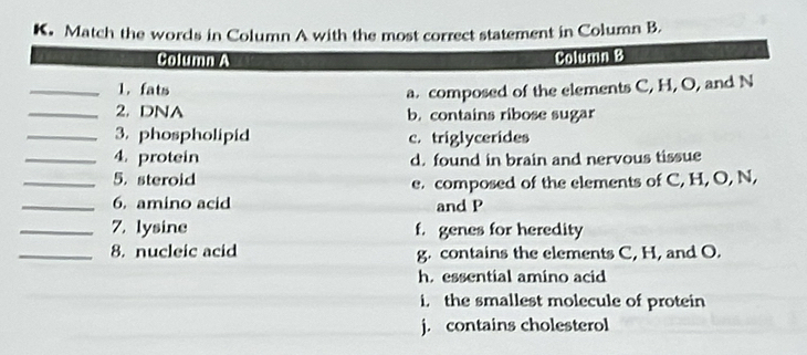 Match the word statement in Column B.