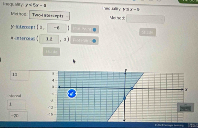 Inequality: y<5x-6</tex> Inequality: y≤ x-9
Method: Two-Intercepts Method:
y-intercept ( 0 , -6 Plot Point Shade
x -intercept ( 1.2 , o ) Pot Point
Shade
10
Interval
1
-20
© 2013 Carnege Lsaming