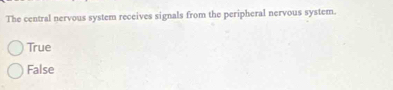 The central nervous system receives signals from the peripheral nervous system.
True
False