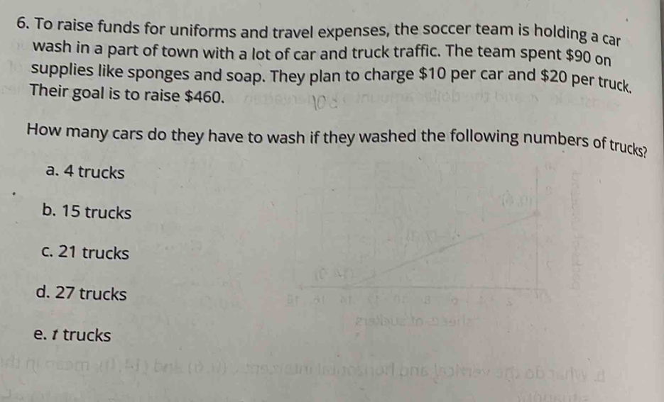 To raise funds for uniforms and travel expenses, the soccer team is holding a car
wash in a part of town with a lot of car and truck traffic. The team spent $90 on
supplies like sponges and soap. They plan to charge $10 per car and $20 per truck.
Their goal is to raise $460.
How many cars do they have to wash if they washed the following numbers of trucks?
a. 4 trucks
b. 15 trucks
c. 21 trucks
d. 27 trucks
e. t trucks