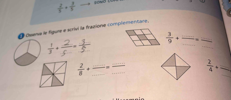  2/5 + 3/5  SONO COM 
Osserva le figure e scrivi la frazione complementare.
 3/9 + =
 2/8 + = -  2/4 + (...)/... 