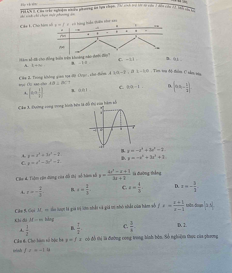 Tà để 101
Họ và tên:
_
PHẢN I. Câu trắc nghiệm nhiều phương án lựa chọn. Thí sinh trả lời từ câu 1 đến câu 12. Mỗi cầu hồi
thi sinh chỉ chọn một phương ản.
Câu 1. Cho hàiên như sau
Hàm số đã cho đồng biển trên khoảng nào dướ
C. -1;1,
A. l;+∈fty B. -1;0. D. 0;1.
Câu 2. Trong không gian tọa độ Oxyz , cho điểm A 1;0;−2 , B 1; -1;0 Tìm toạ độ điểm C nằm trên
trục Oz sao cho AB⊥ BC ?
A. (0;0; 1/2 ).
B. 0;0;1.
C. 0;0;-1. D. (0;0;- 1/2 ).
Câu 3. Đường cong trong hình bên là đồ thị của hảm số
B. y=-x^3+3x^2-2.
A. y=x^3+3x^2-2.
D.
C. y=x^3-3x^2-2. y=-x^3+3x^2+2.
Câu 4. Tiệm cận đứng của đồ thị số hàm số y= (4x^2-x+1)/3x+2  là đường thẳng
A. x=- 2/3 . B. x= 2/3 . C. x= 4/3 .
D. x=- 3/2 .
Câu 5. Gọi M, m lần lượt là giá trị lớn nhất và giá trị nhỏ nhất của hàm số fx= (x+1)/x-1  trên đoạn [3;5].
Khi đỏ M-m bằng
A.  1/2 .  7/2 . C.  3/8 .
D. 2.
B.
Câu 6. Cho hàm số bậc ba y=fx có đồ thị là đường cong trong hình bên. Số nghiệm thực của phương
trình fx=-1la