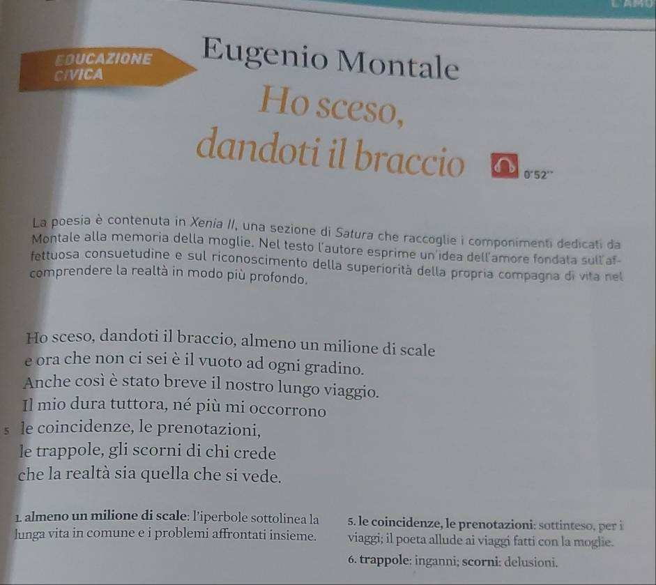 EDUCAZIONE Eugenio Montale
CIVICA
Ho sceso,
dandoti il braccio 0'52''
La poesia è contenuta in Xenia II, una sezione di Satura che raccoglie i componimenti dedicati da
Montale alla memoria della moglie. Nel testo l'autore esprime un'idea dell'amore fondata sull af-
fettuosa consuetudine e sul riconoscimento della superiorità della propría compagna di vita nel
comprendere la realtà in modo più profondo.
Ho sceso, dandoti il braccio, almeno un milione di scale
e ora che non ci sei è il vuoto ad ogni gradino.
Anche così è stato breve il nostro lungo viaggio.
Il mio dura tuttora, né più mi occorrono
s le coincidenze, le prenotazioni,
le trappole, gli scorni di chi crede
che la realtà sia quella che si vede.
1 almeno un milione di scale: l’iperbole sottolinea la 5. le coincidenze, le prenotazioni: sottinteso, per i
lunga vita in comune e i problemi affrontati insieme. viaggi; il poeta allude ai viaggi fatti con la moglie.
6. trappole: inganni; scorni: delusioni.