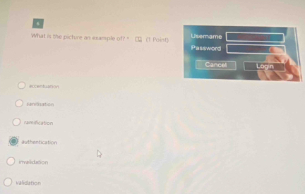 What is the picture an example of? " (1 Point) Userame
Password
Cancel Login
accentuation
sanitisation
ramification
authentication
invalidation
validation