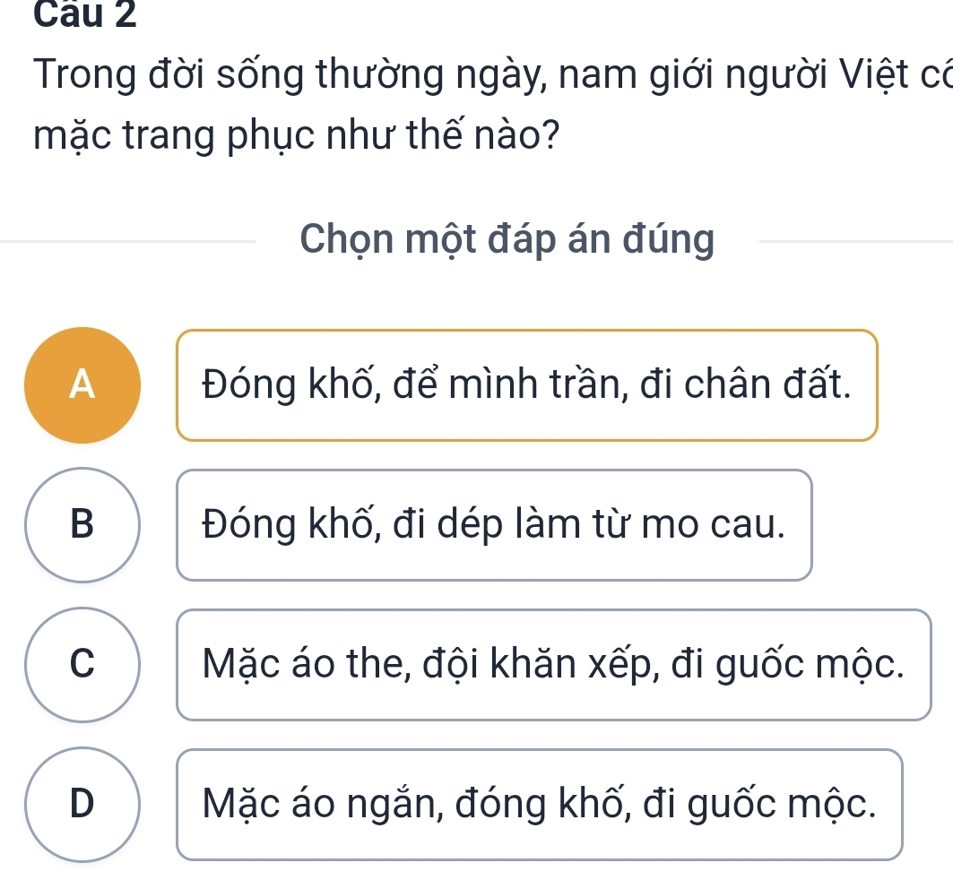 Trong đời sống thường ngày, nam giới người Việt có
mặc trang phục như thế nào?
Chọn một đáp án đúng
A Đóng khố, để mình trần, đi chân đất.
B Đóng khố, đi dép làm từ mo cau.
C Mặc áo the, đội khăn xếp, đi guốc mộc.
D Mặc áo ngắn, đóng khố, đi guốc mộc.