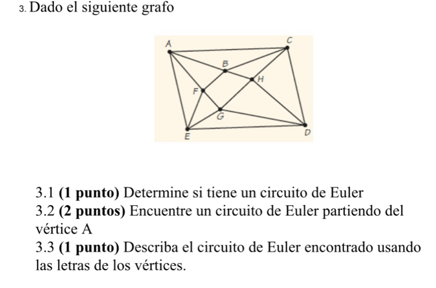 Dado el siguiente grafo 
3.1 (1 punto) Determine si tiene un circuito de Euler 
3.2 (2 puntos) Encuentre un circuito de Euler partiendo del 
vértice A 
3.3 (1 punto) Describa el circuito de Euler encontrado usando 
las letras de los vértices.