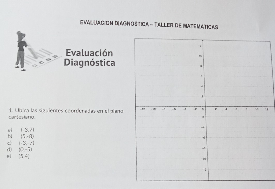 EVALUACION DIAGNOSTICA - TALLER DE MATEMATICAS 
Evaluación 
Diagnóstica 
1. Ubica las siguientes coordenadas en el plano2 
cartesiano. 
a) (-3,7)
b) (5,-8)
c) (-3,-7)
d) (0,-5)
e) (5,4)