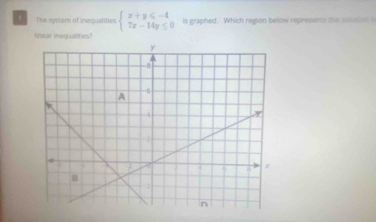 The system of inequalities beginarrayl x+y≤slant -4 7x-14y≤ 0endarray. is graphed. Which region below represents the sotdion t 
linear inequalities?