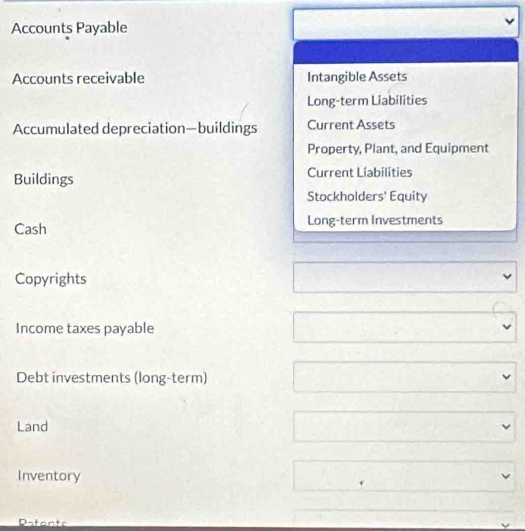 Accounts Payable 
Accounts receivable Intangible Assets 
Long-term Liabilities 
Accumulated depreciation—buildings Current Assets 
Property, Plant, and Equipment 
Buildings Current Líabilities 
Stockholders' Equity 
Cash Long-term Investments 
Copyrights 
Income taxes payable 
Debt investments (long-term) 
Land 
Inventory 
Dafonts