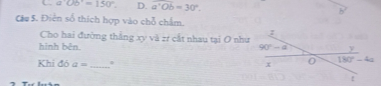 C a^(,b'=1=150^circ). D. overline a'Ob=30°.
b
Câu 5. Điền số thích hợp vào chỗ chấm.
Cho hai đường thắng xy và z/ cắt nhau tại O như
hình bên 
Khi đó a= _0