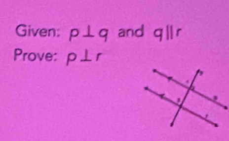 Given: p⊥ q and qparallel r
Prove: p⊥ r