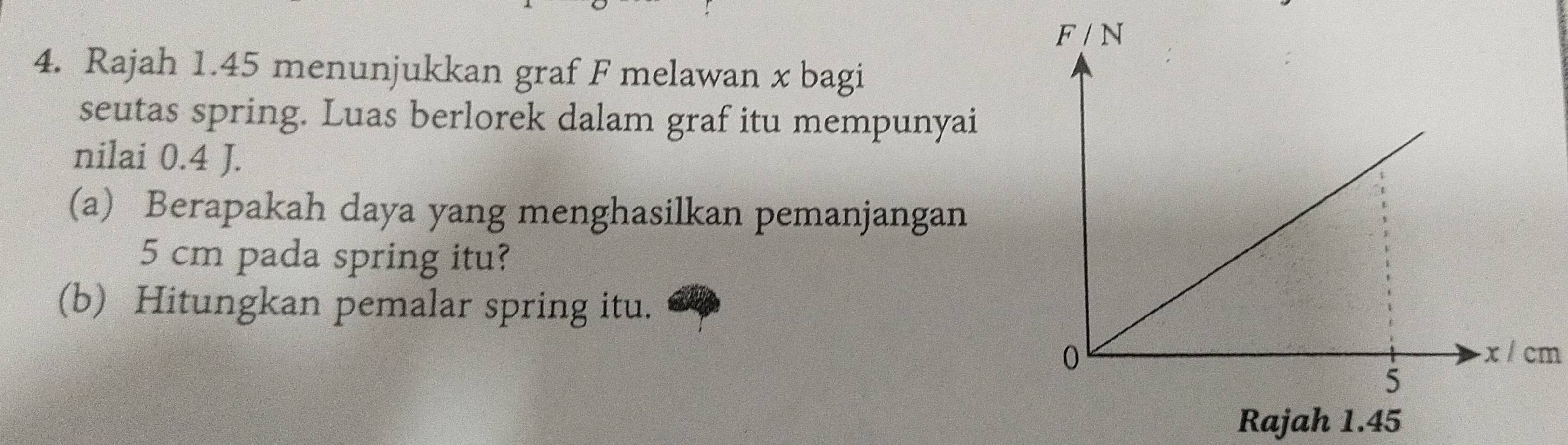 Rajah 1.45 menunjukkan graf F melawan x bagi
seutas spring. Luas berlorek dalam graf itu mempunyai
nilai 0.4 J.
(a) Berapakah daya yang menghasilkan pemanjangan
5 cm pada spring itu?
(b) Hitungkan pemalar spring itu.
x / cm
Rajah 1.45