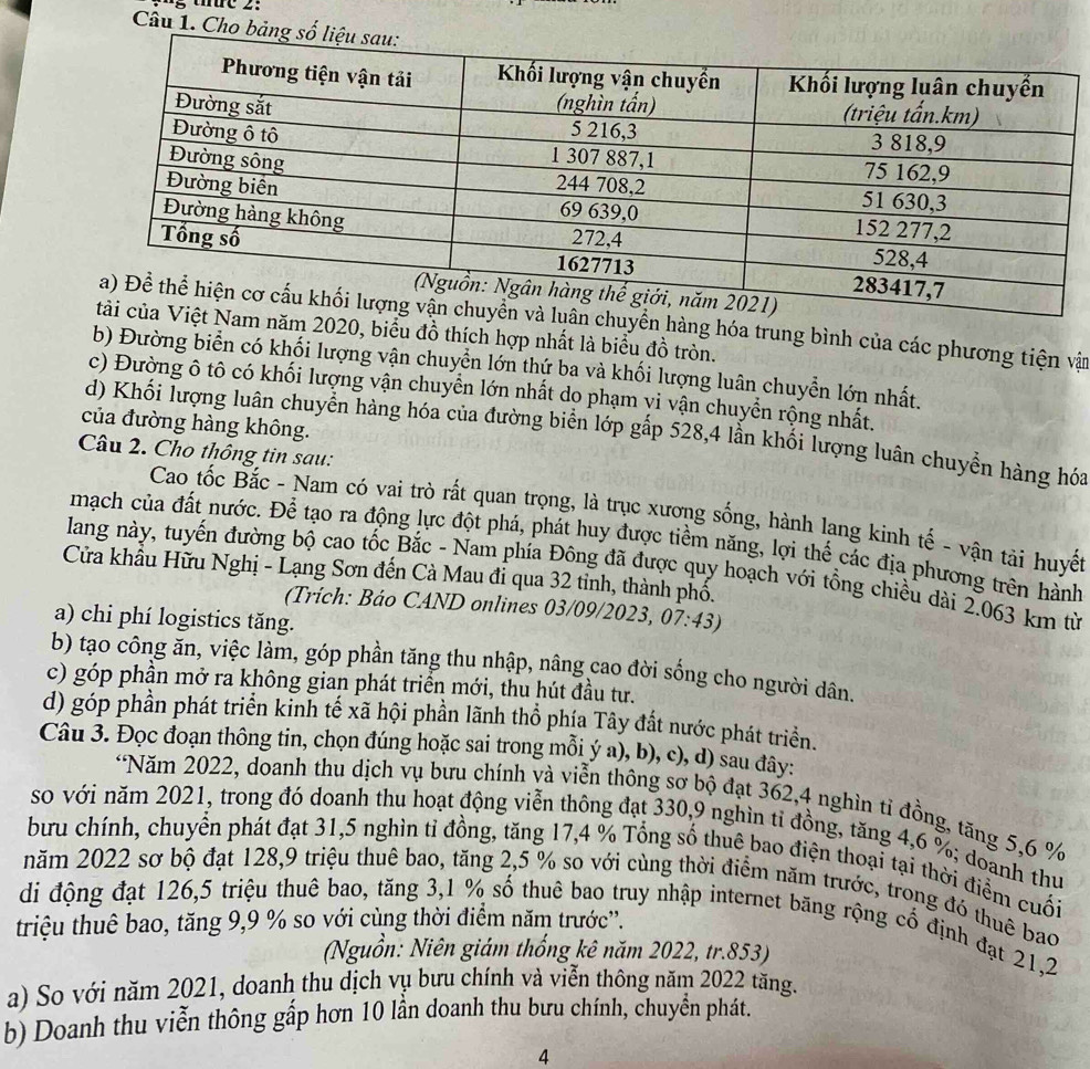ng thức 2:
Câu 1. Cho b
hàng hóa trung bình của các phương tiện vận
2020, biểu đồ thích hợp nhất là biểu đồ tròn.
b) Đường biển có khối lượng vận chuyển lớn thứ ba và khối lượng luân chuyển lớn nhất.
c) Đường ô tô có khối lượng vận chuyển lớn nhất dọ phạm vi vận chuyển rộng nhất.
của đường hàng không.
d) Khối lượng luân chuyển hàng hóa của đường biển lớp gấp 528,4 lần khối lượng luân chuyển hàng hóa
Câu 2. Cho thông tin sau:
Cao tốc Bắc - Nam có vai trò rất quan trọng, là trục xương sống, hành lạng kinh tế - vận tải huyết
mạch của đất nước. Để tạo ra động lực đột phá, phát huy được tiềm năng, lợi thể các địa phương trên hành
lang này, tuyến đường bộ cao tốc Bắc - Nam phía Đông đã được quy hoạch với tổng chiều dài 2.063 km từ
Cửa khẩu Hữu Nghị - Lạng Sơn đến Cà Mau đi qua 32 tỉnh, thành phố.
(Trích: Báo CAND onlines 03/09/2023, 07:43)
a) chi phí logistics tăng.
b) tạo công ăn, việc làm, góp phần tăng thu nhập, nâng cao đời sống cho người dân.
c) góp phần mở ra không gian phát triển mới, thu hút đầu tư.
d) góp phần phát triển kinh tế xã hội phần lãnh thổ phía Tây đắt nước phát triển.
Câu 3. Đọc đoạn thông tin, chọn đúng hoặc sai trong mỗi ý a), b), c), d) sau đây:
*Năm 2022, doanh thu dịch vụ bưu chính và viễn thông sơ bộ đạt 362,4 nghìn tỉ đồng, tăng 5,6 %
so với năm 2021, trong đó doanh thu hoạt động viễn thông đạt 330,9 nghìn tỉ đồng, tăng 4,6 %; doanh thu
bưu chính, chuyển phát đạt 31,5 nghìn tỉ đồng, tăng 17,4 % Tổng số thuê bao điện thoại tại thời điểm cuối
năm 2022 sơ bộ đạt 128,9 triệu thuê bao, tăng 2,5 % so với cùng thời điểm năm trước, trong đó thuê bao
di động đạt 126,5 triệu thuê bao, tăng 3,1 % số thuê bao truy nhập internet băng rộng cổ định đạt 21,2
triệu thuê bao, tăng 9,9 % so với cùng thời điểm năm trước''.
(Nguồn: Niên giám thống kê năm 2022, tr.853)
a) So với năm 2021, doanh thu dịch vụ bưu chính và viễn thông năm 2022 tăng.
b) Doanh thu viễn thông gấp hơn 10 lần doanh thu bưu chính, chuyển phát.
4
