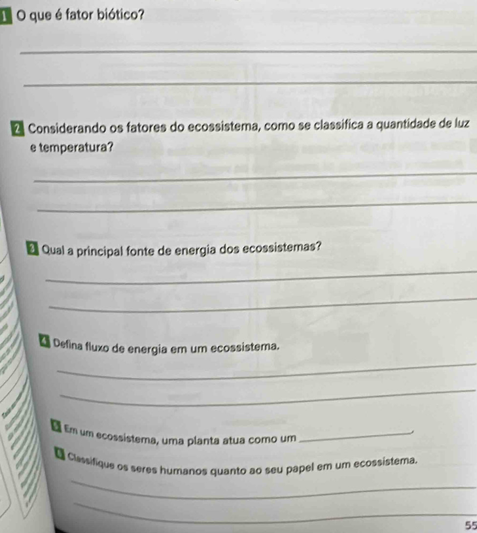 que é fator biótico? 
_ 
_ 
2 Considerando os fatores do ecossistema, como se classífica a quantidade de luz 
e temperatura? 
_ 
_ 
* Qual a principal fonte de energia dos ecossistemas? 
_ 
_ 
Defina fluxo de energia em um ecossistema. 
_ 
_ 
E Em um ecossistema, uma planta atua como um_ 
_ 
D Classifique os seres humanos quanto ao seu papel em um ecossistema. 
_ 
55